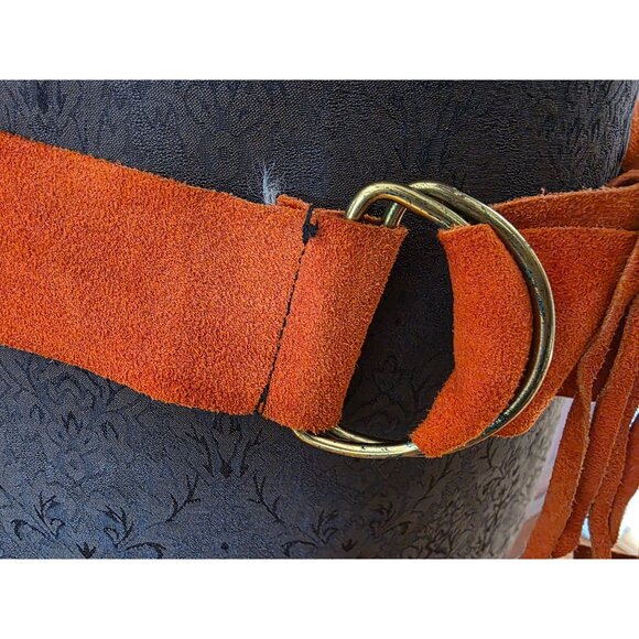 Kim Craftsman Orange Suede Belt With Fringe & Brass D-Ring Buckle - Picture 2 of 10